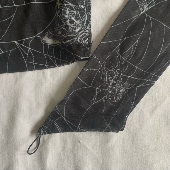 ASOS Top Black Sheer Cropped Long Sleeve Spider Web Moth Print Gothic Trad Goth - Picture 4 of 14